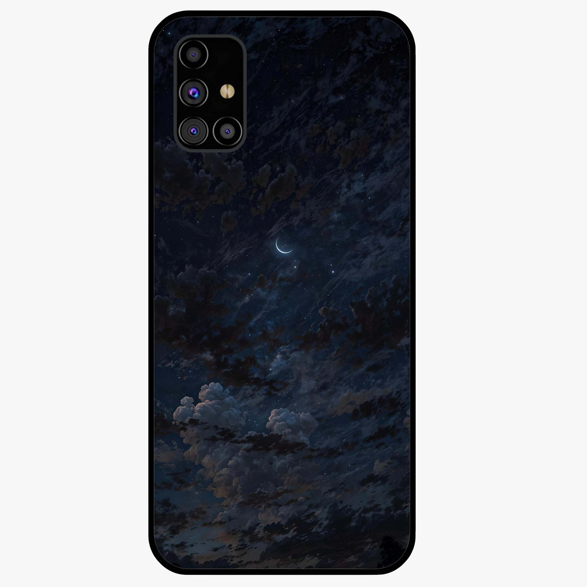Lunar Veil Silence Glass Case showing flat back view with mystical moon veil artwork and glossy glass finish.