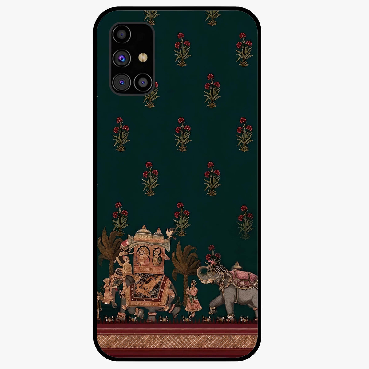 Macmerise Glass Case showing flat back view with stylish modern artwork and glossy glass finish.