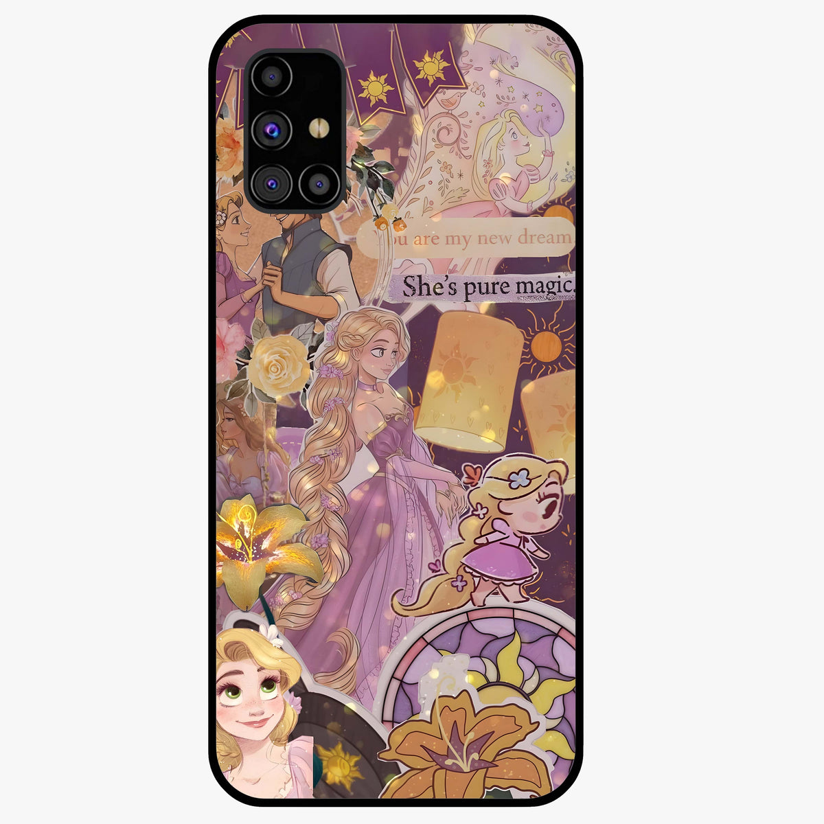 Magical Tangled Dream Glass Case showing flat back view with dreamy tangled artwork and glossy glass finish.