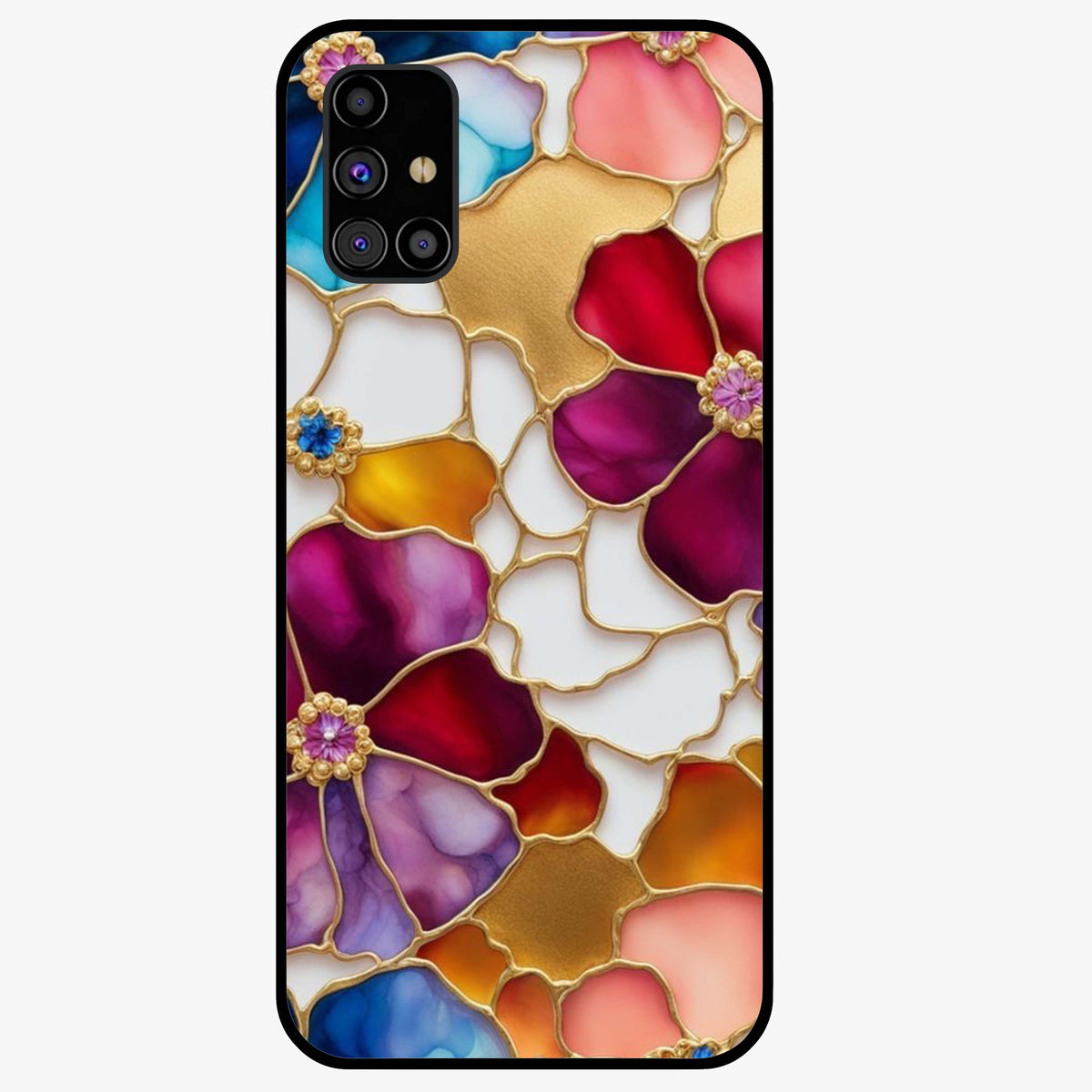 Marble Flower Pattern Glass Case showing flat back view with marble texture floral artwork and glossy glass finish.