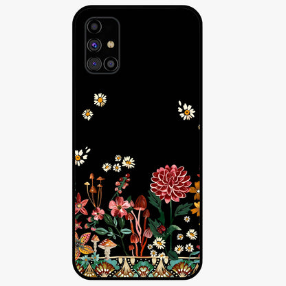 Midnight Bloom Pattern Glass Case showing flat back view with dark floral pattern artwork and glossy glass finish.