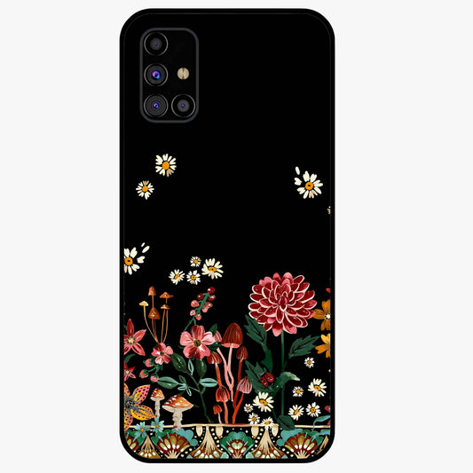 Midnight Bloom Pattern Glass Case showing flat back view with dark floral pattern artwork and glossy glass finish.
