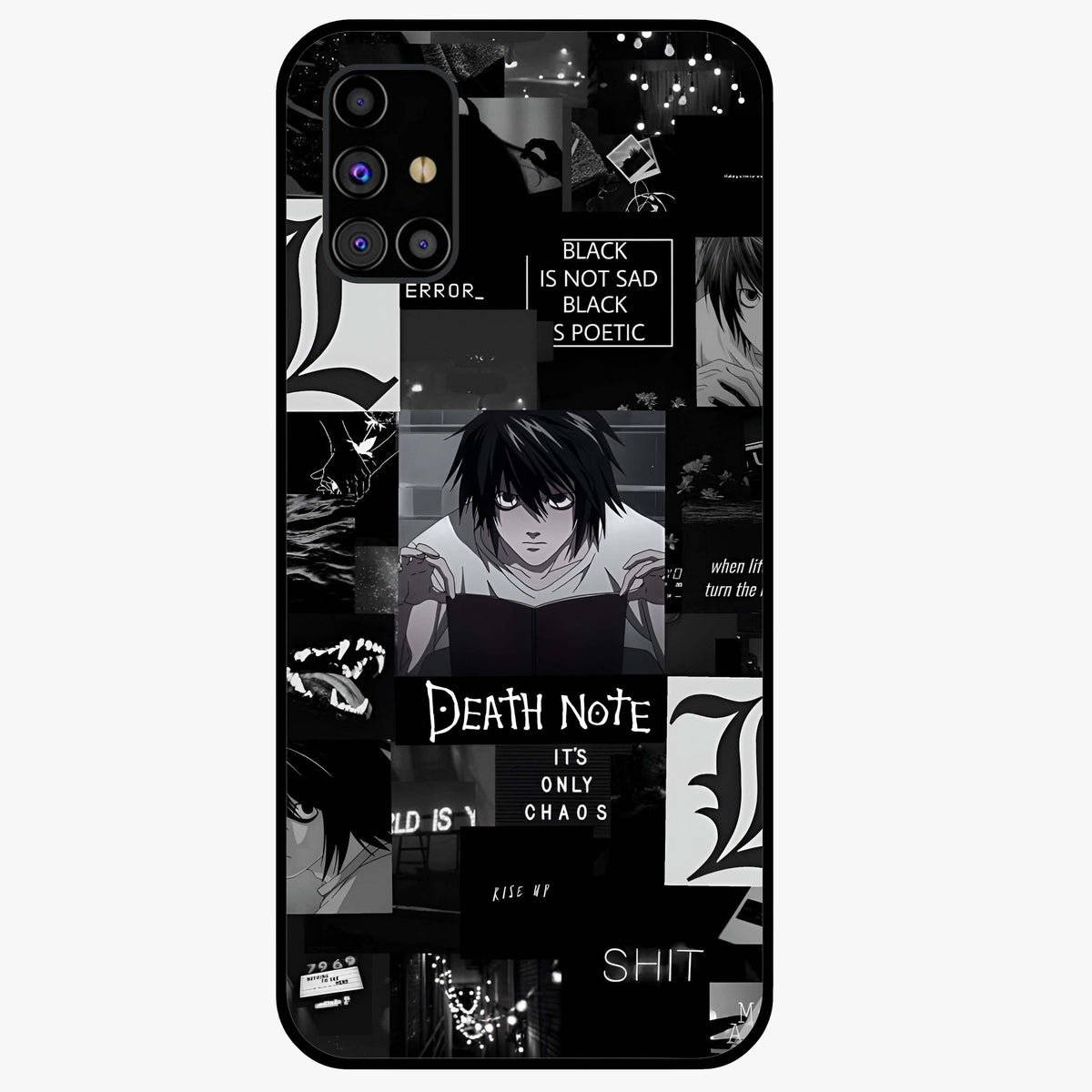 Midnight Chaos Mind Glass Case showing flat back view with abstract dark themed artwork and glossy glass finish.