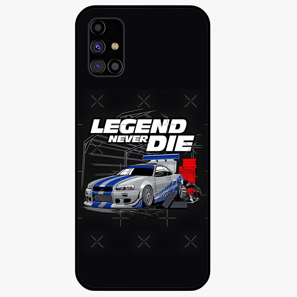 Midnight Racing Legacy Glass Case showing flat back view with sleek racing inspired artwork and glossy glass finish.