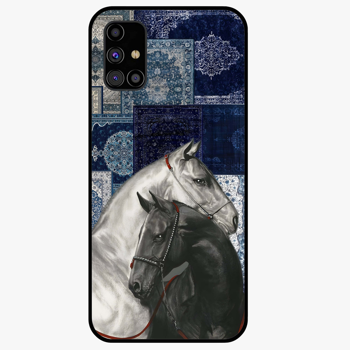 Midnight Stallion Blues Glass Case showing flat back view with majestic horse artwork and glossy glass finish.