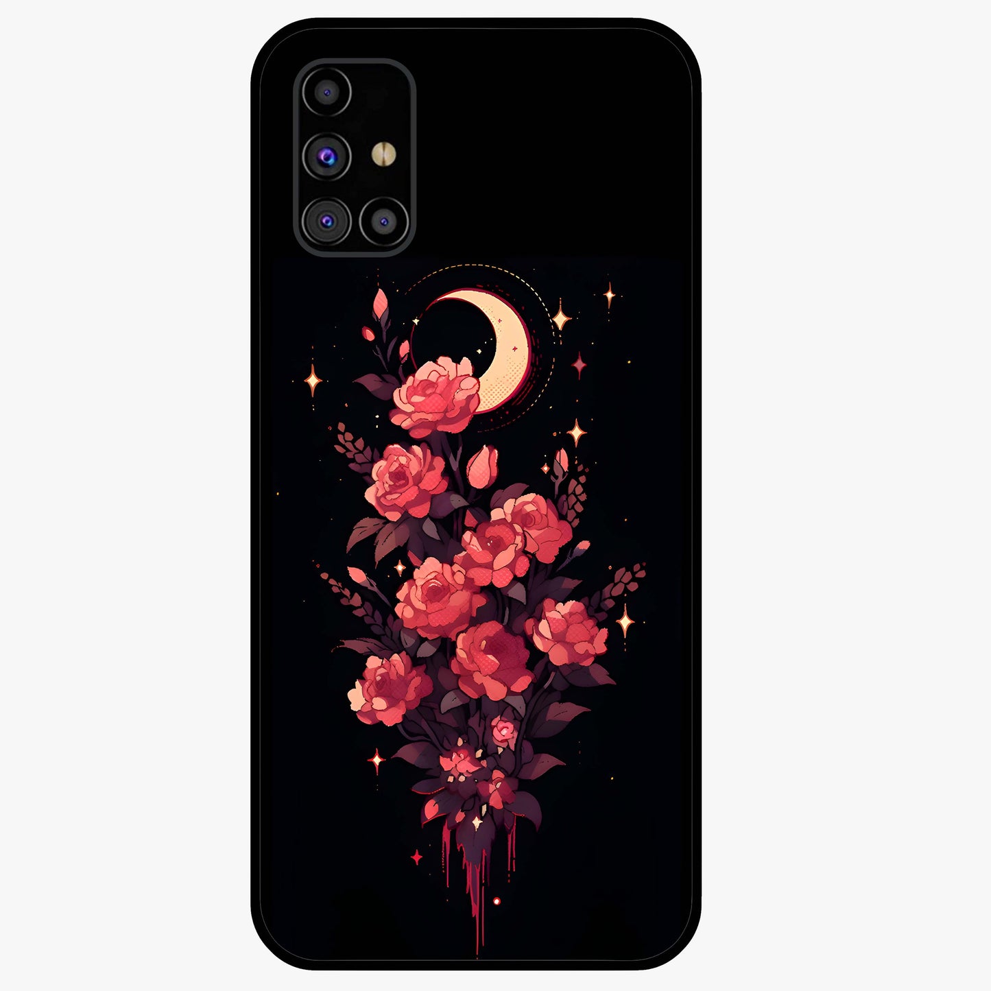 Moonlit Floral Elegance Glass Case showing flat back view with elegant floral artwork under moonlit tones and glossy glass finish.