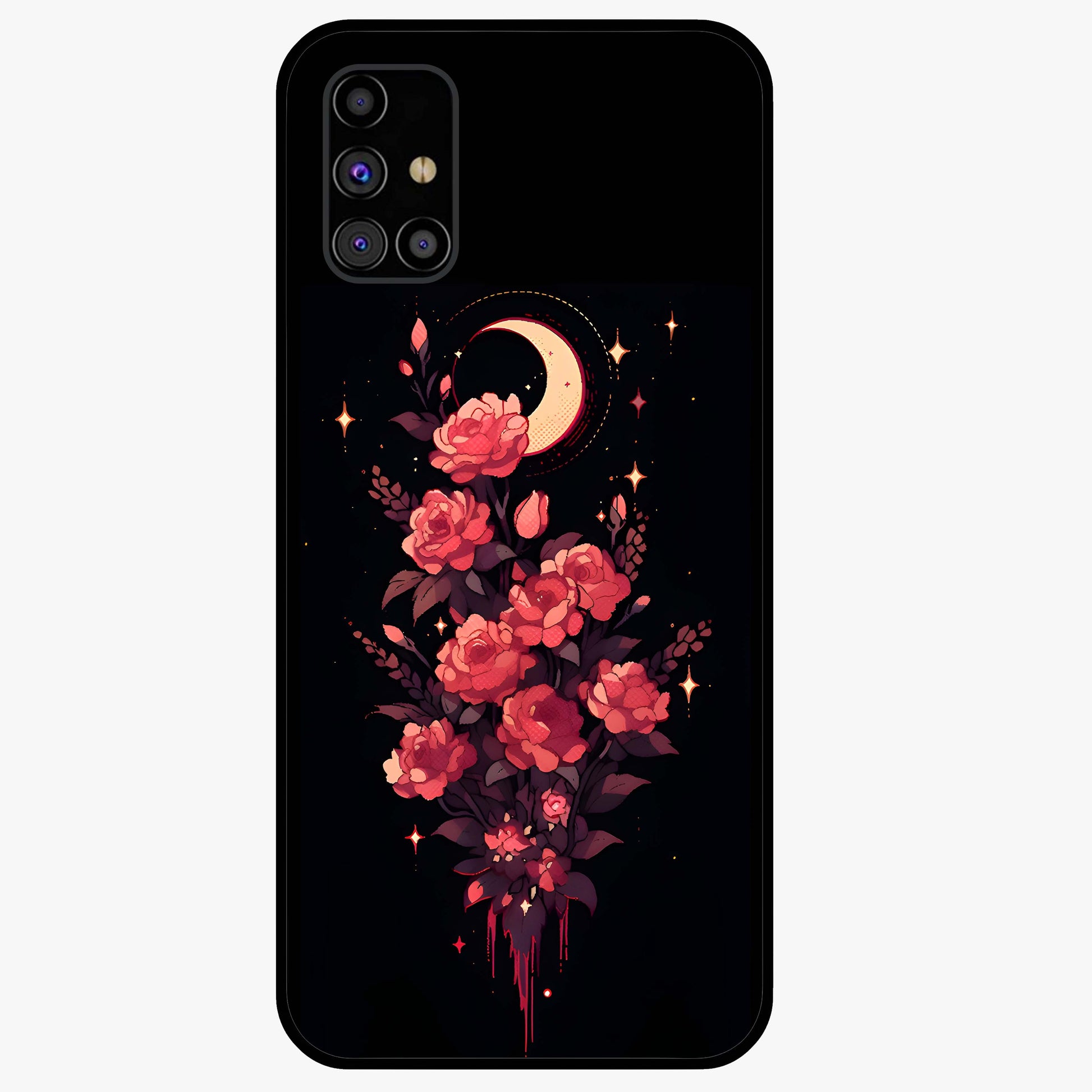 Moonlit Floral Elegance Glass Case showing flat back view with elegant floral artwork under moonlit tones and glossy glass finish.