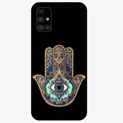 Mystic Hamsa Eye Glass Case showing flat back view with protective hamsa hand and evil eye artwork and glossy glass finish.