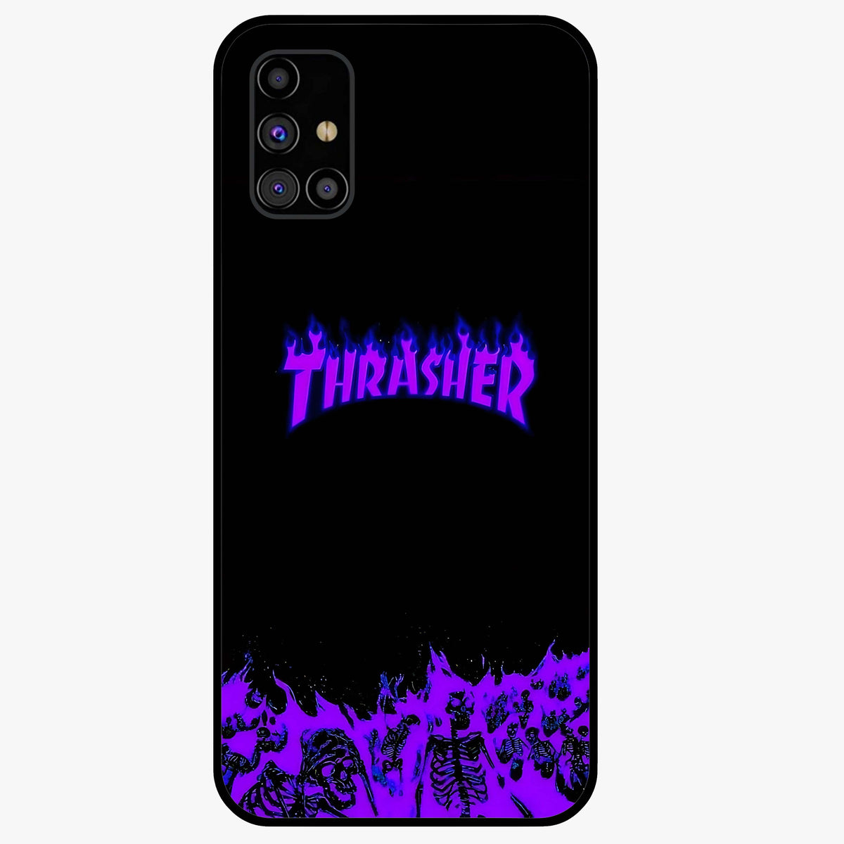 Neon Flame Riot Glass Case showing flat back view with neon flame artwork and glossy glass finish.