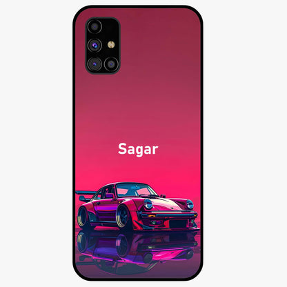 Neon Pink Porsche Glass Case showing flat back view with stylish sports car artwork and glossy glass finish.
