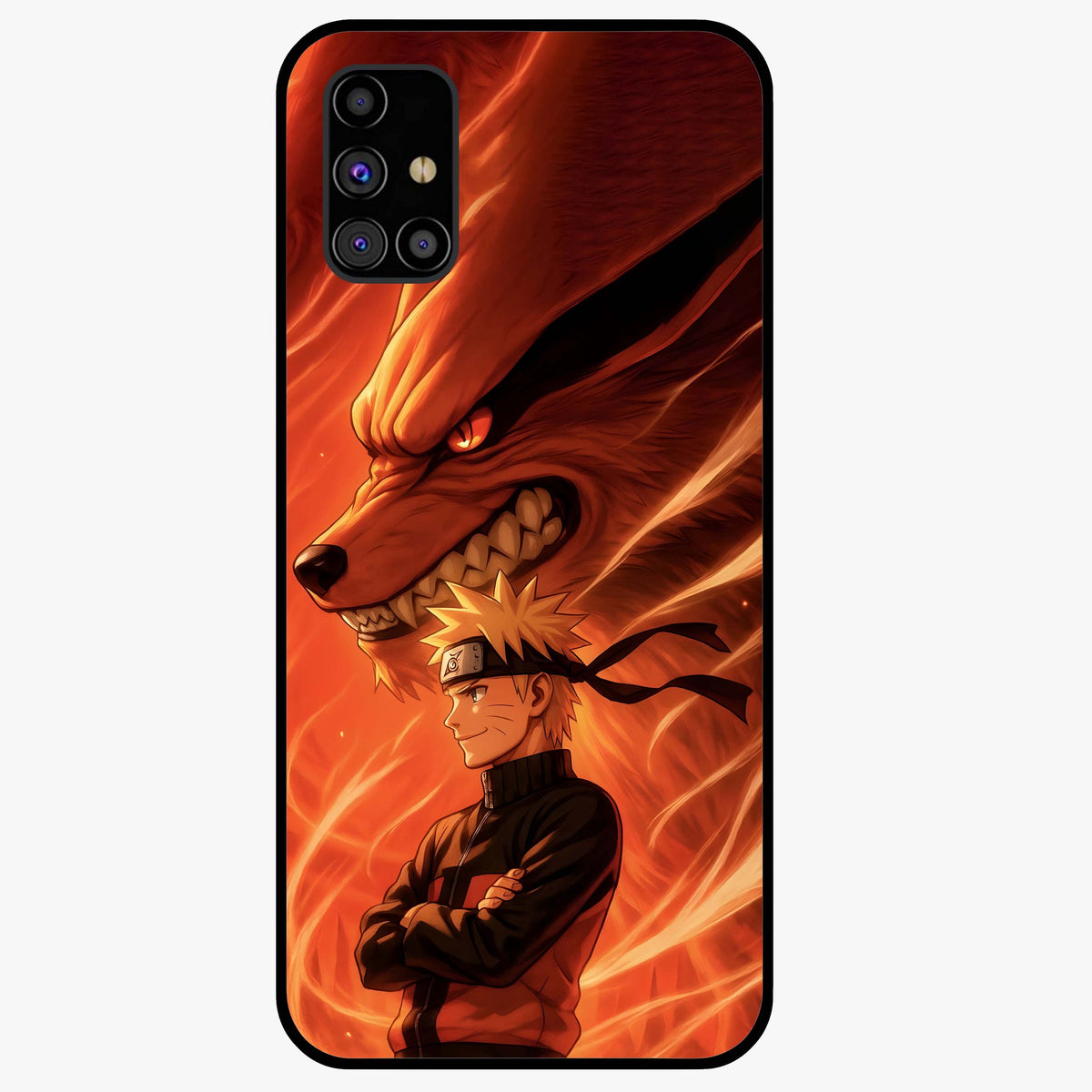 Nine Tails Legacy Glass Case showing flat back view with powerful nine-tailed fox inspired artwork and glossy glass finish.