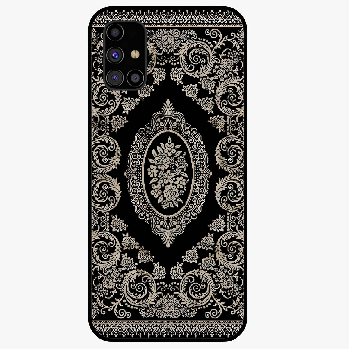 Noir Bloom Elegance Glass Case showing flat back view with elegant dark floral artwork and glossy glass finish.