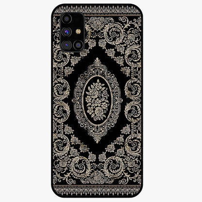 Noir Bloom Elegance Glass Case showing flat back view with elegant dark floral artwork and glossy glass finish.