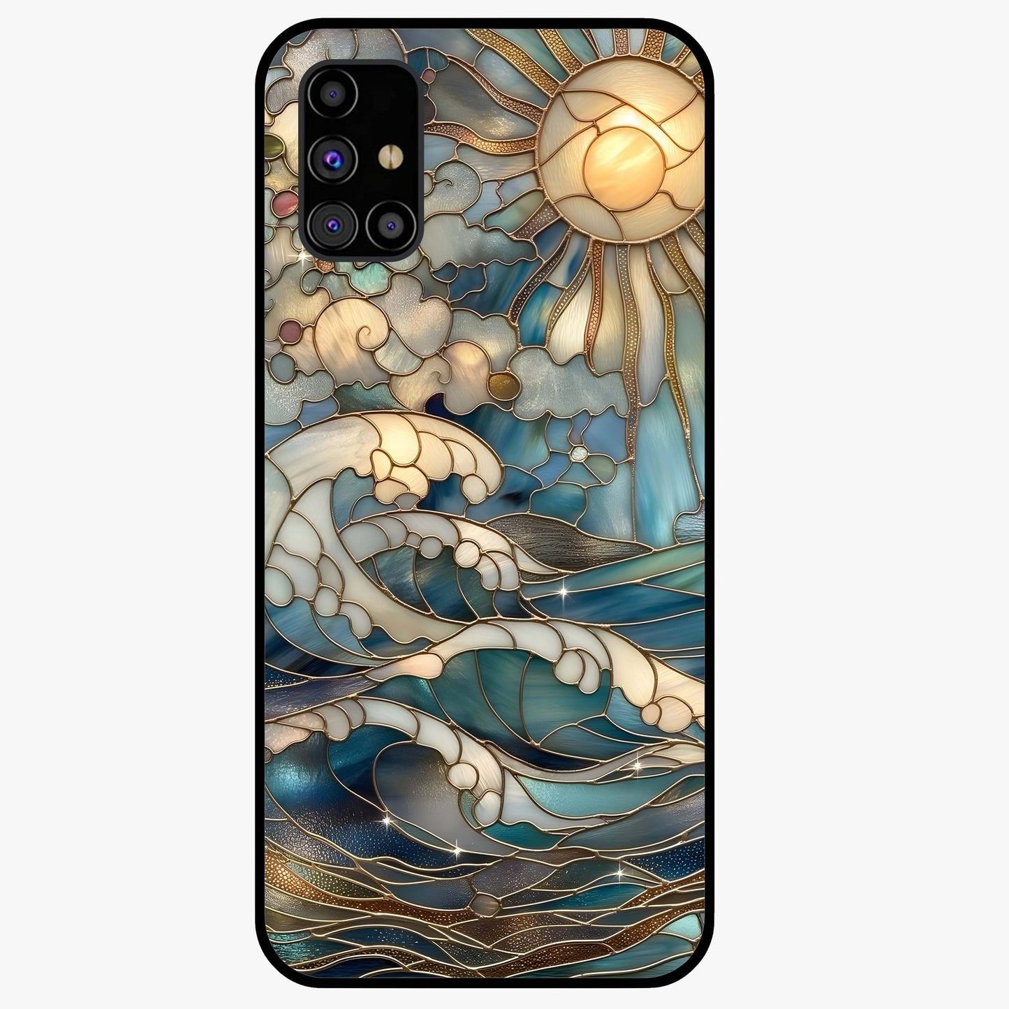 Oceanic Stained Printed Glass Case showing flat back view with ocean inspired stained pattern artwork and glossy glass finish.