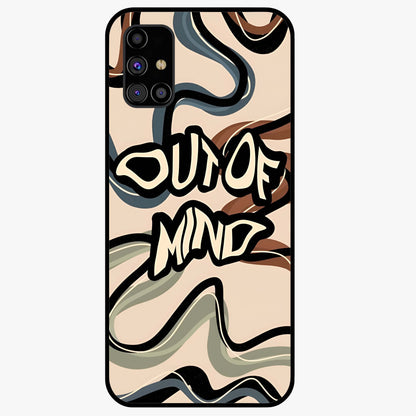 Out Of Mind Glass Case showing flat back view with expressive typography artwork and glossy glass finish.