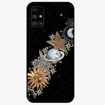 Pearls Universe Object Glass Case showing flat back view with pearl inspired cosmic artwork and glossy glass finish.