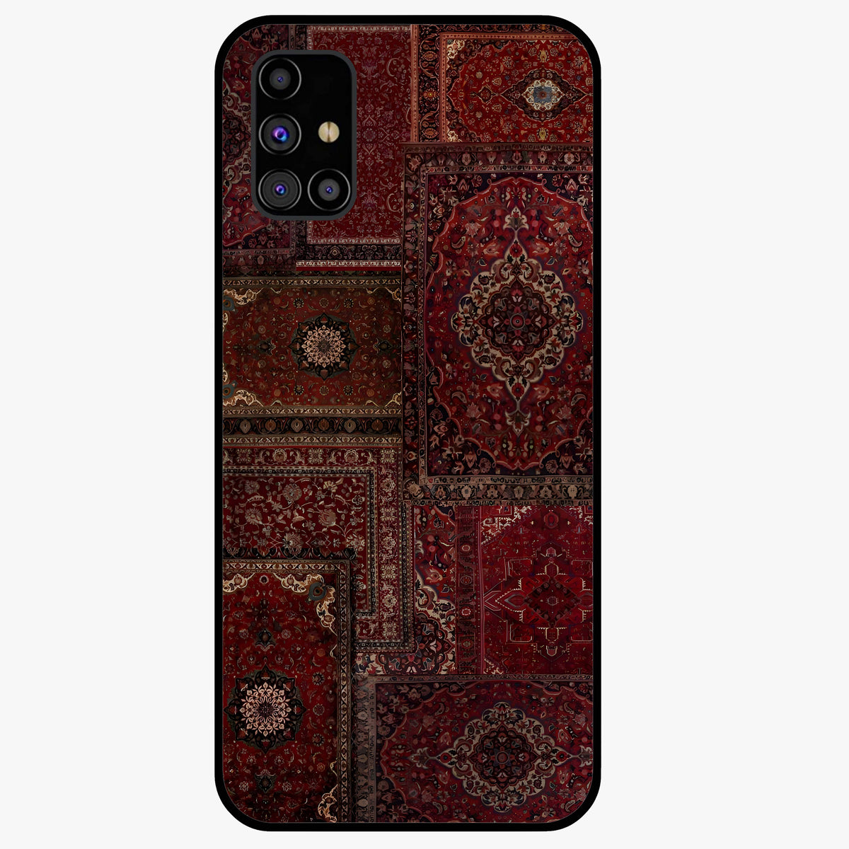 Persian Velvet Tale Glass Case showing flat back view with luxurious Persian velvet pattern artwork and glossy glass finish.