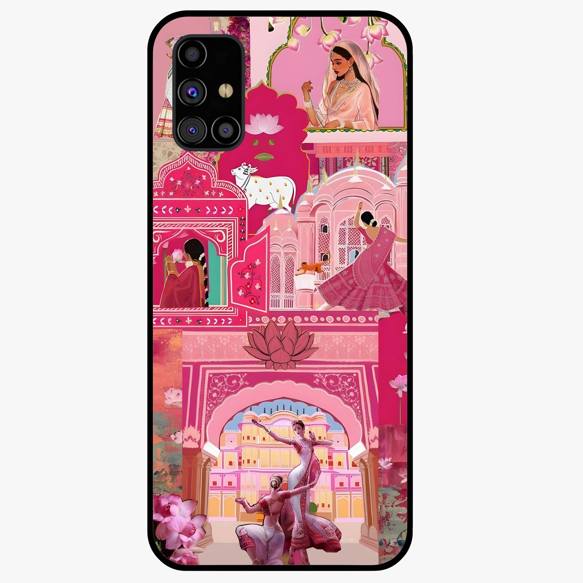 Pink Palace Muse Glass Case showing flat back view with elegant palace inspired artwork and glossy glass finish.