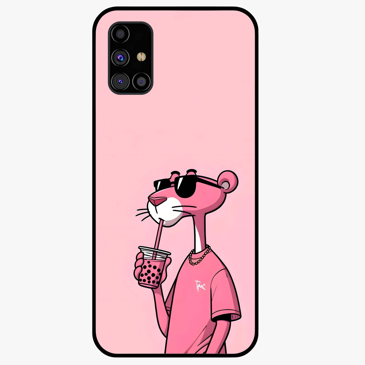 Pink Panther Glass Case showing flat back view with iconic pink panther artwork and glossy glass finish.