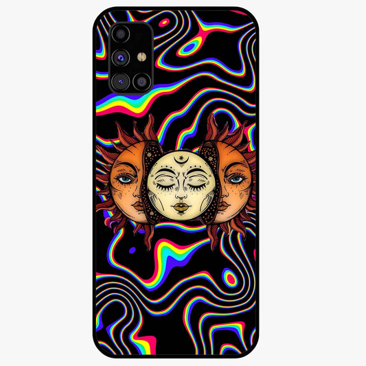 Psychedelic Sun Glass Case showing flat back view with colorful psychedelic sun artwork and glossy glass finish.