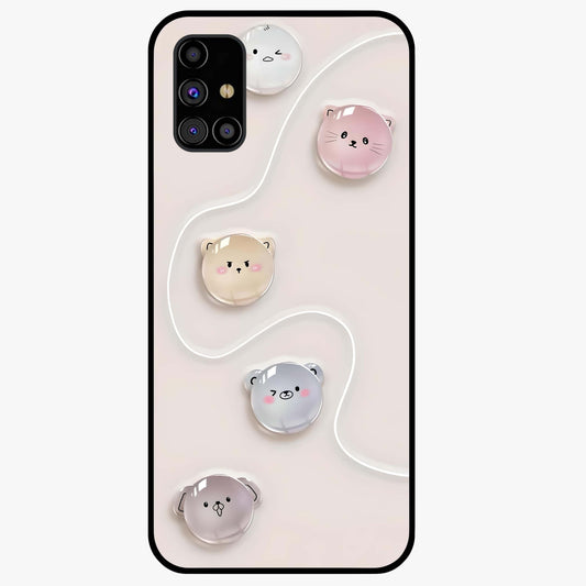 Puffy Face Parade Glass Case showing flat back view with cute puffy character faces artwork and glossy glass finish.