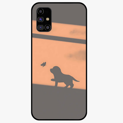 Puppy Shadow Art Glass Case showing flat back view with cute puppy shadow style artwork and glossy glass finish.