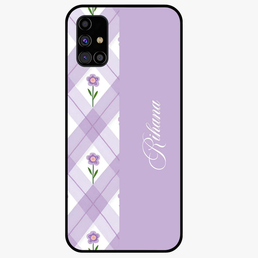Purple Diamond Floral Glass Case showing flat back view with diamond shaped floral artwork and glossy glass finish.