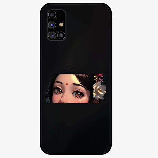 Radha Divine Embrace Glass Case showing flat back view with devotional Radha artwork and glossy glass finish.