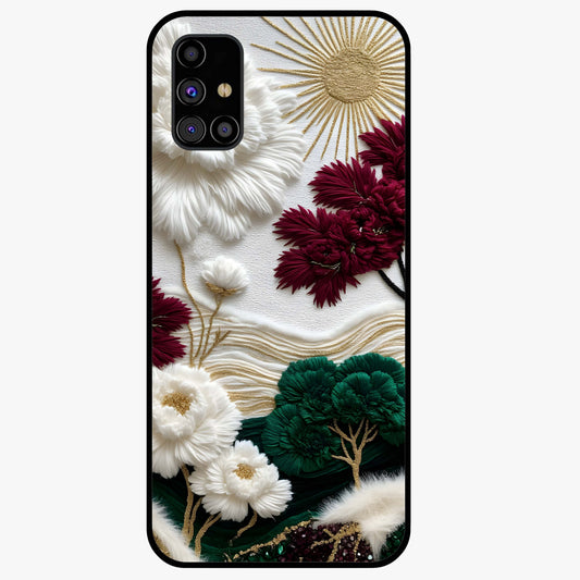 Radiant Bloom Elegance Glass Case showing flat back view with elegant blooming flower artwork and glossy glass finish.