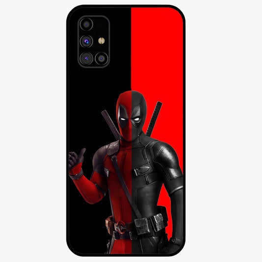 Red & Black Deadpool Theme Glass Case showing flat back view with bold comic inspired artwork and glossy glass finish.