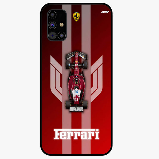 Red Ferrari F1 Vertical Glass Case showing flat back view with sleek Formula racing car artwork and glossy glass finish.