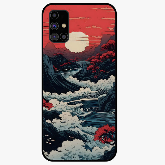 Red Sunset Scenery Glass Case showing flat back view with vibrant sunset landscape artwork and glossy glass finish.