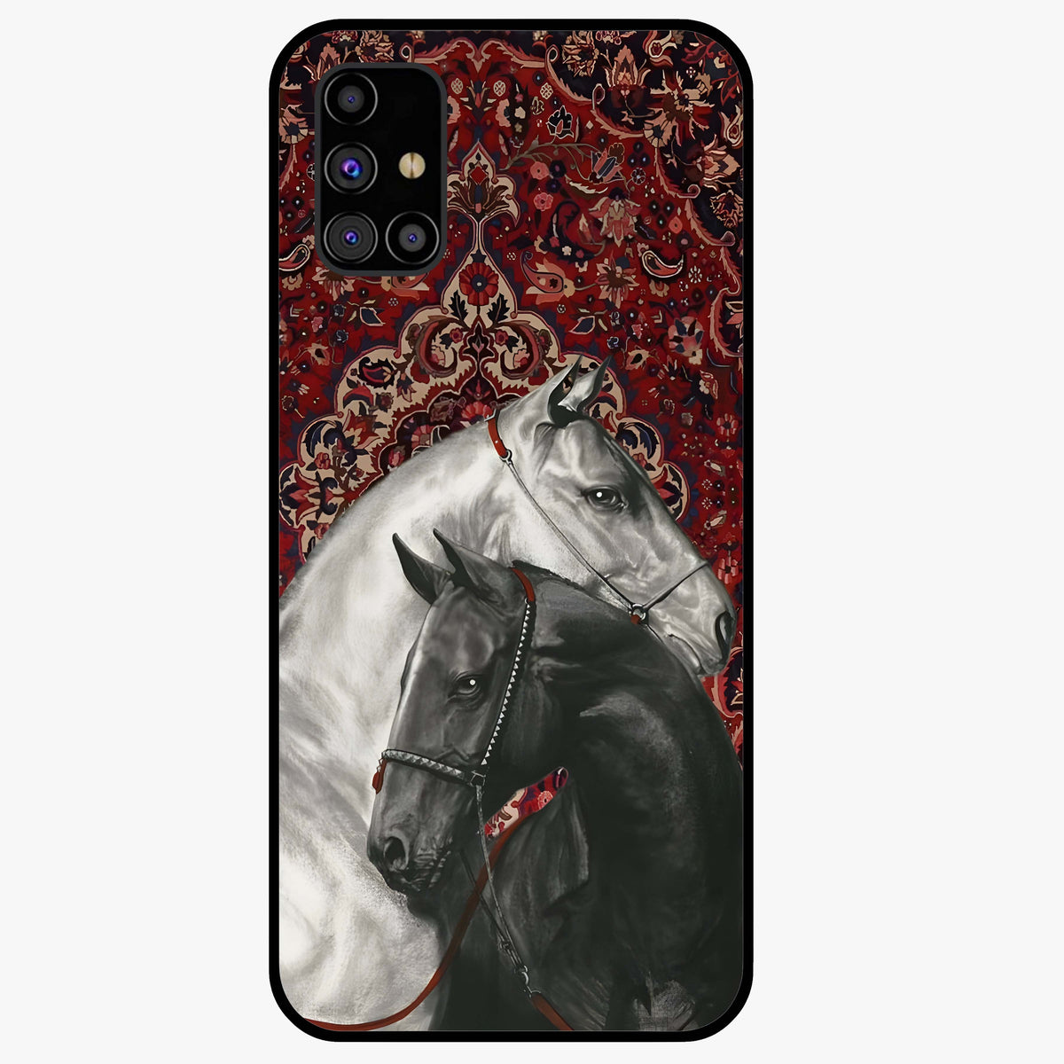 Regal Stallion Tapestry Glass Case showing flat back view with majestic horse tapestry artwork and glossy glass finish.
