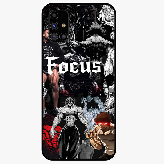 Relentless Power Focus Glass Case showing flat back view with motivational typography artwork and glossy glass finish.