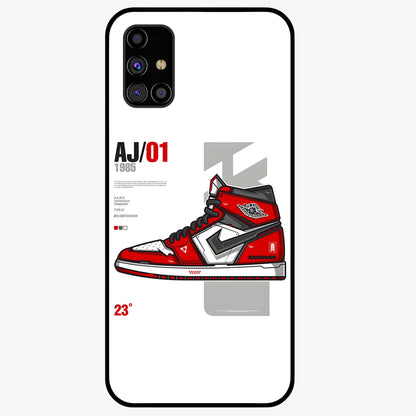 Retro Sneaker Blueprint Glass Case showing flat back view with sneaker blueprint style artwork and glossy glass finish.