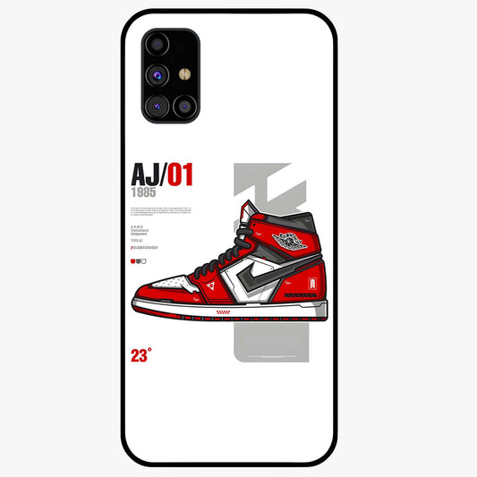 Retro Sneaker Blueprint Glass Case showing flat back view with sneaker blueprint style artwork and glossy glass finish.