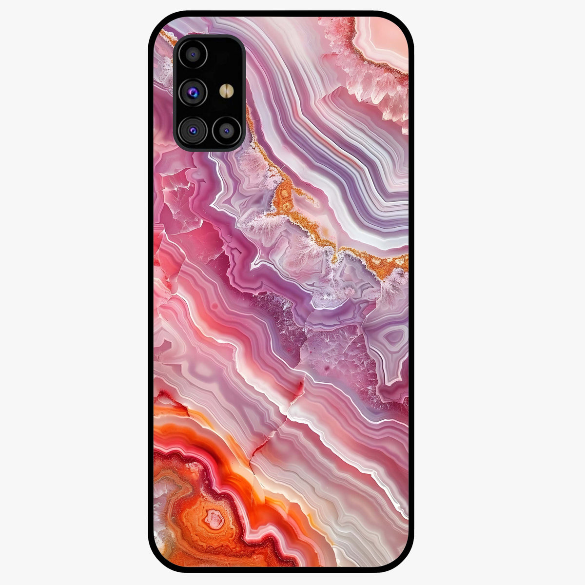 Rose Quartz Marble Glass Case showing flat back view with pink marble quartz texture artwork and glossy glass finish.
