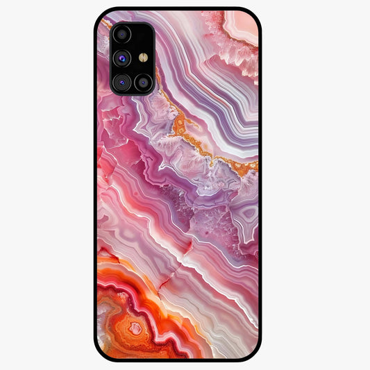 Rose Quartz Marble Glass Case showing flat back view with pink marble quartz texture artwork and glossy glass finish.
