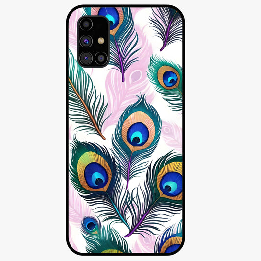 Royal Peacock Feathers Glass Case showing flat back view with colorful peacock feather artwork and glossy glass finish.