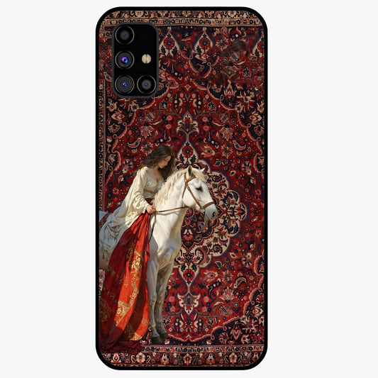 Royal Rider Tapestry Glass Case showing flat back view with majestic horse rider tapestry artwork and glossy glass finish.