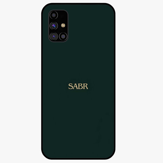 Sabr Minimal Patience Glass Case showing flat back view with minimalist typography artwork and glossy glass finish.