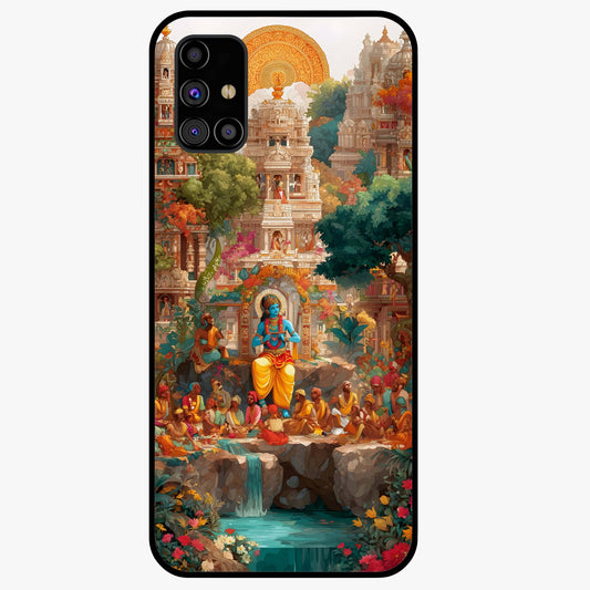 Sacred Sunlight Gods Glass Case showing flat back view with divine sunlight themed artwork and glossy glass finish.
