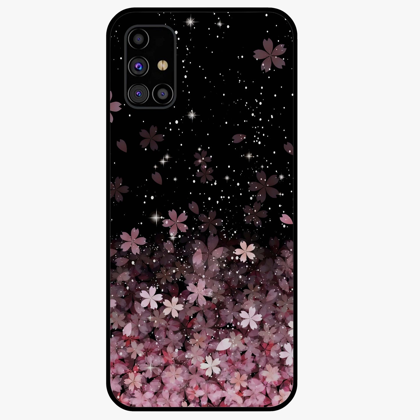 Small Starry Flowers Glass Case showing flat back view with delicate starry floral artwork and glossy glass finish.