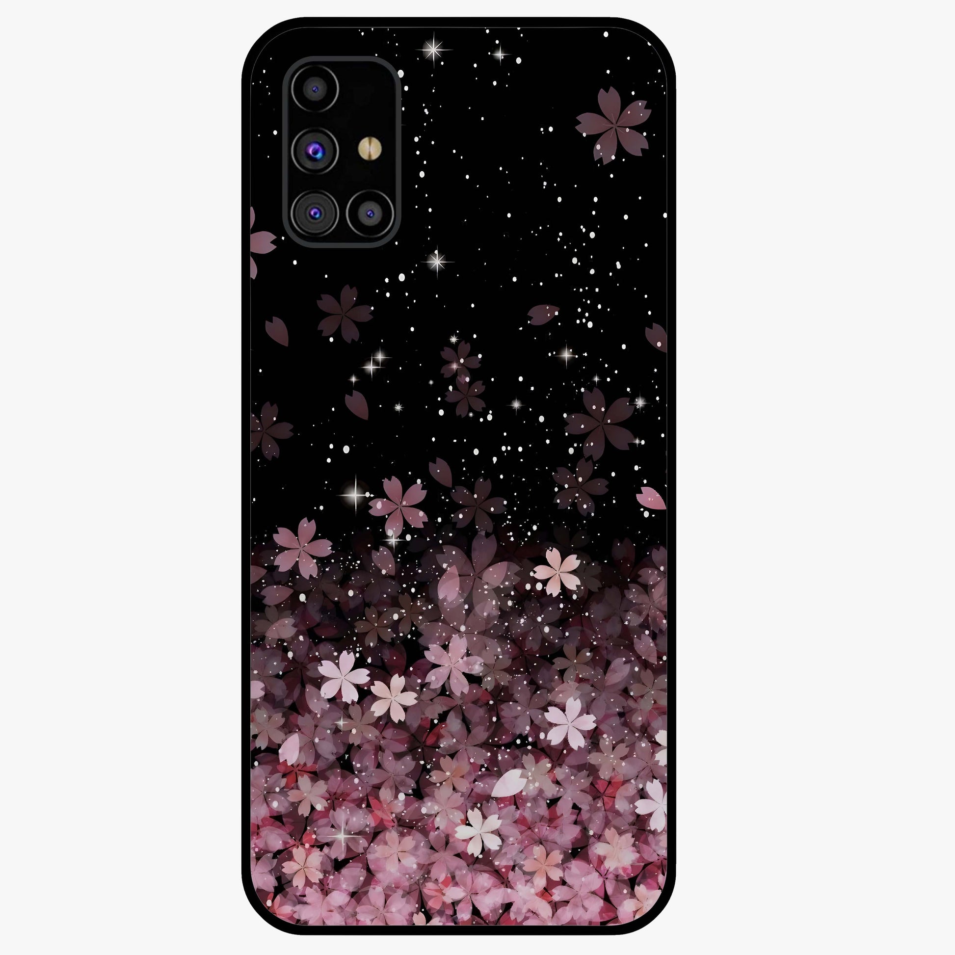 Small Starry Flowers Glass Case showing flat back view with delicate starry floral artwork and glossy glass finish.