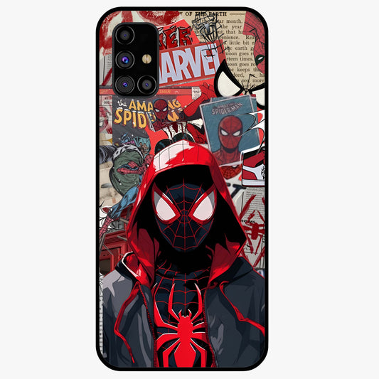 Spider Collage Street Glass Case showing flat back view with vibrant superhero collage artwork and glossy glass finish.