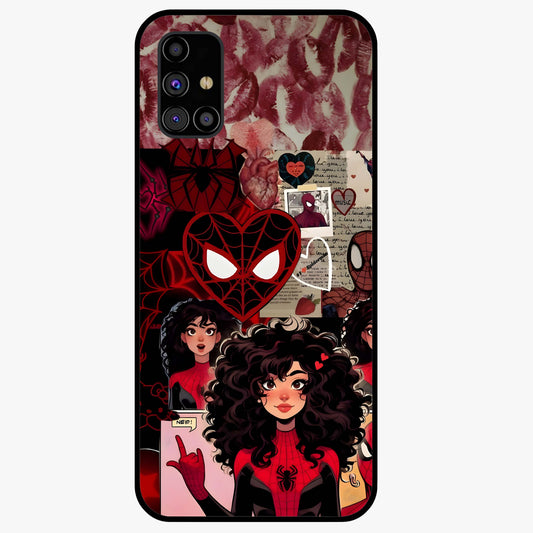 Spider Love Story Glass Case showing flat back view with romantic superhero themed artwork and glossy glass finish.