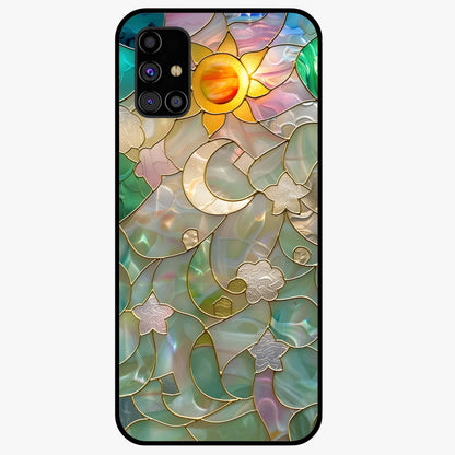 Stained Sunrise Glow Glass Case showing flat back view with glowing sunrise stained pattern artwork and glossy glass finish.