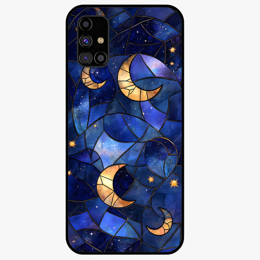 Starlit Sky Tapestry Glass Case showing flat back view with decorative starry sky tapestry artwork and glossy glass finish.