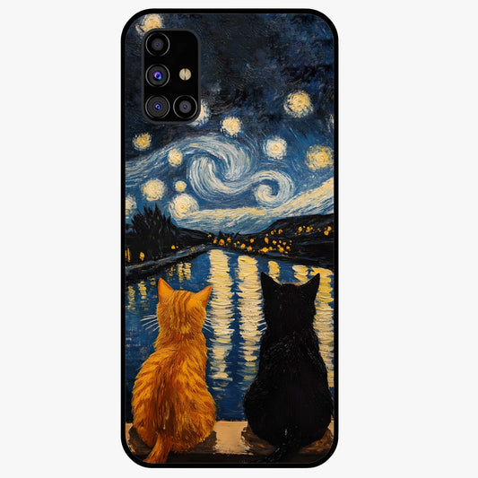 Starry River Cats Glass Case showing flat back view with cats by a starry river artwork and glossy glass finish.