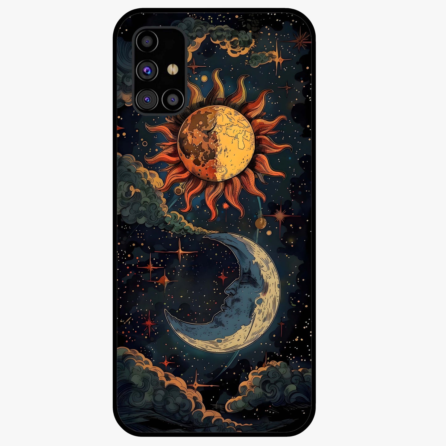 Sun And Moon Magic Design Glass Case showing flat back view with mystical sun and moon artwork and glossy glass finish.